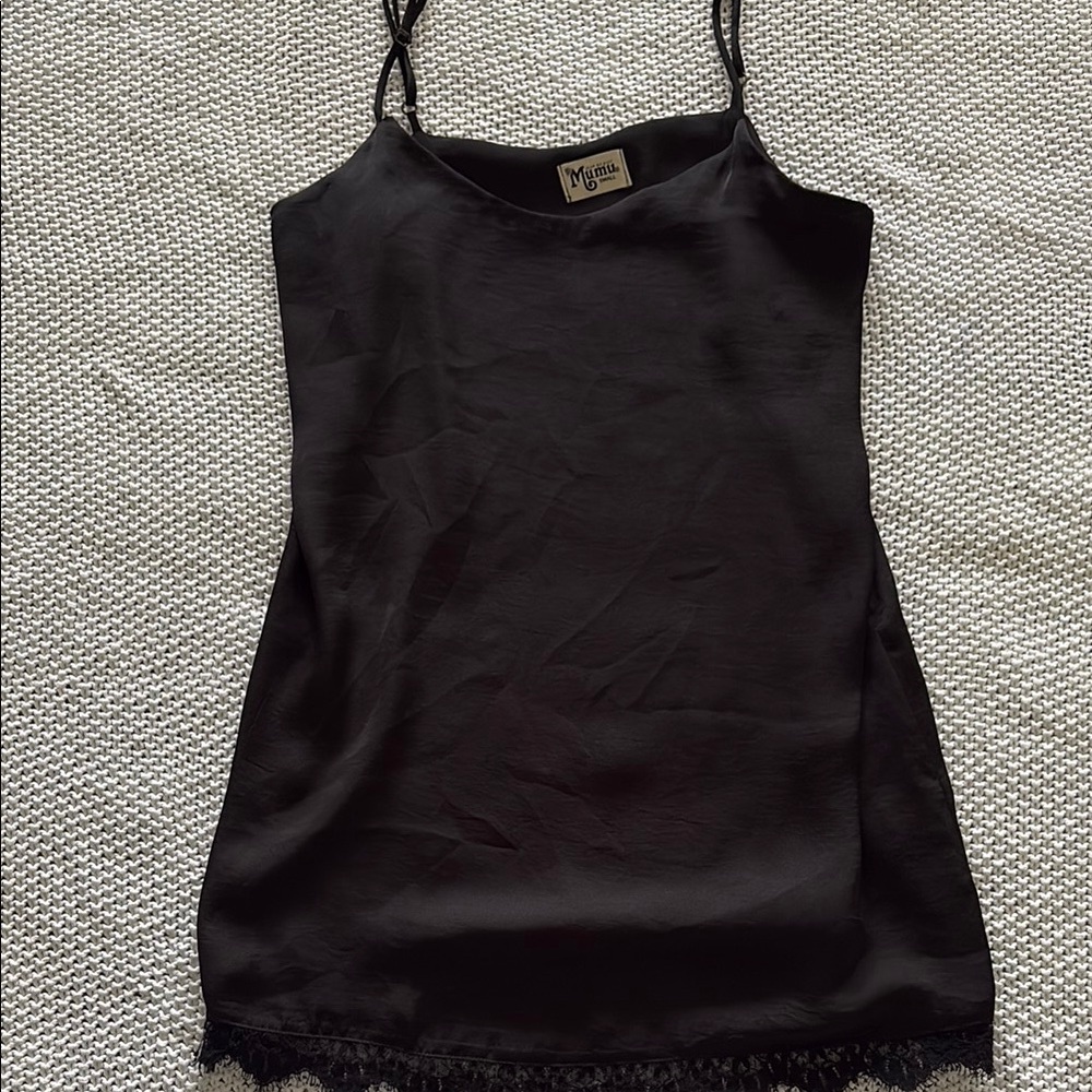 Black Satin Slip Dress with Lace Trim